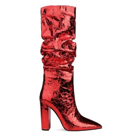 Rote Mit 10 cm Hohe Absatz Metallic Stiefel Mit Blockabsatz Kniehohe Gefütterte Slouch