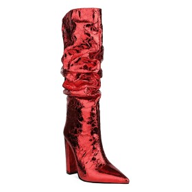 Rote Mit 10 cm Hohe Absatz Metallic Stiefel Mit Blockabsatz Kniehohe Gefütterte Slouch