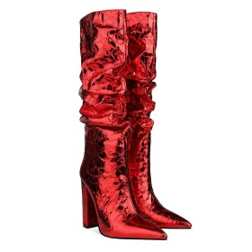 Rote Mit 10 cm Hohe Absatz Metallic Stiefel Mit Blockabsatz Kniehohe Gefütterte Slouch