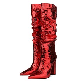 Rote Mit 10 cm Hohe Absatz Metallic Stiefel Mit Blockabsatz Kniehohe Gefütterte Slouch