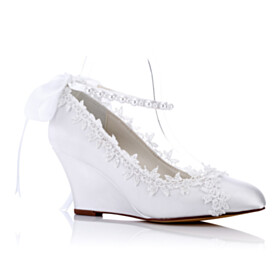 Comfort Mid High Heeled Lace Wedding Shoes With Ankle Strap Wedges With Pearls Elegant With Bow Slip On White