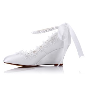 Comfort Mid High Heeled Lace Wedding Shoes With Ankle Strap Wedges With Pearls Elegant With Bow Slip On White