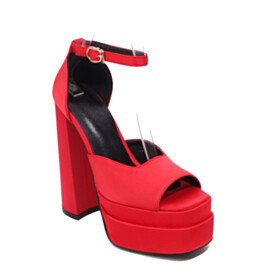 Ankle Strap Thick Heel Peep Toe Platform Dressy Shoes Sandals 6 inch High Heel Block Heels Satin Classic Business Casual Red