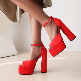 Ankle Strap Thick Heel Peep Toe Platform Dressy Shoes Sandals 6 inch High Heel Block Heels Satin Classic Business Casual Red