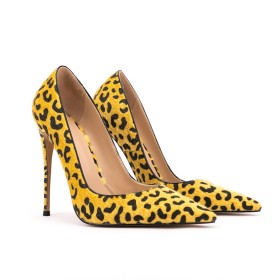 Pumps Fashion Fluffy 12 cm High Heeled Business Casual Shoes Yellow Faux Leather Leopard Print Pointed Toe Fur