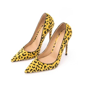 Pumps Fashion Fluffy 12 cm High Heeled Business Casual Shoes Yellow Faux Leather Leopard Print Pointed Toe Fur