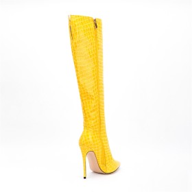 Fashion Crocodile Printed 12 cm High Heel Fur Lined Tall Boot Stiletto Faux Leather Patent Knee High Boot For Women