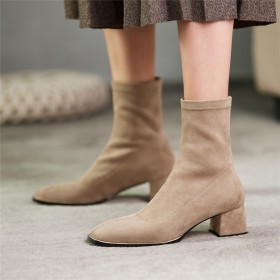 2 inch Low Heel Suede Chunky Heel Ankle Boots Stretchy Sock Faux Leather Block Heels Vintage