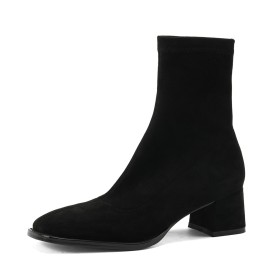 Suede Black Booties Stretchy Block Heel Low Heels Comfort Vintage Sock Boots Round Toe Chunky Heel