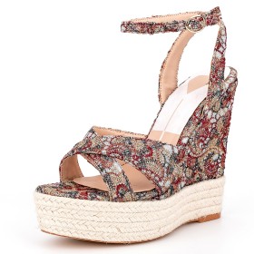 Linen Floral Open Toe Classic Wedge With Ankle Strap Sandals Round Toe Fashion Denim Red Espadrilles Strappy Platform 15 cm High Heel