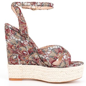 Linen Floral Open Toe Classic Wedge With Ankle Strap Sandals Round Toe Fashion Denim Red Espadrilles Strappy Platform 15 cm High Heel