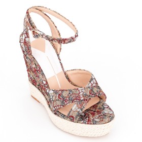 Linen Floral Open Toe Classic Wedge With Ankle Strap Sandals Round Toe Fashion Denim Red Espadrilles Strappy Platform 15 cm High Heel