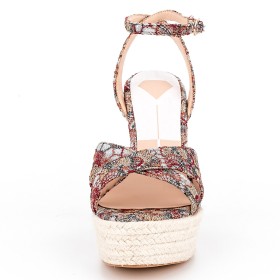 Linen Floral Open Toe Classic Wedge With Ankle Strap Sandals Round Toe Fashion Denim Red Espadrilles Strappy Platform 15 cm High Heel