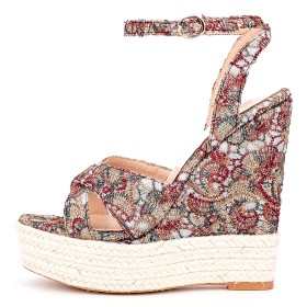 Linen Floral Open Toe Classic Wedge With Ankle Strap Sandals Round Toe Fashion Denim Red Espadrilles Strappy Platform 15 cm High Heel