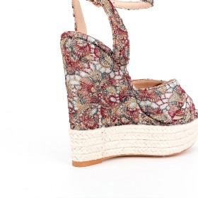 Linen Floral Open Toe Classic Wedge With Ankle Strap Sandals Round Toe Fashion Denim Red Espadrilles Strappy Platform 15 cm High Heel