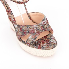 Linen Floral Open Toe Classic Wedge With Ankle Strap Sandals Round Toe Fashion Denim Red Espadrilles Strappy Platform 15 cm High Heel