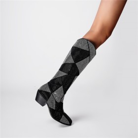 Mode Knie Laarzen Zwarte Blokhakken 7 cm Middelhoge Hakken Sparkle Lange Laarzen Imitatieleer Formele
