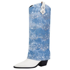 Hoge Laarzen Lichtblauwe Denim Sparkle Blok Hak Imitatieleer Knie Laarzen Mode 8 cm Highheel