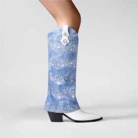 Hoge Laarzen Lichtblauwe Denim Sparkle Blok Hak Imitatieleer Knie Laarzen Mode 8 cm Highheel