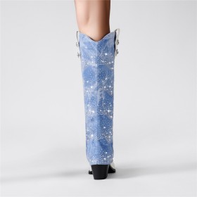 Hoge Laarzen Lichtblauwe Denim Sparkle Blok Hak Imitatieleer Knie Laarzen Mode 8 cm Highheel