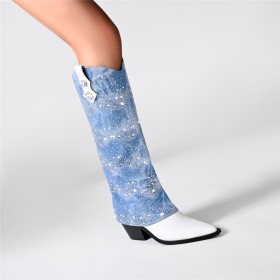 Hoge Laarzen Lichtblauwe Denim Sparkle Blok Hak Imitatieleer Knie Laarzen Mode 8 cm Highheel