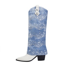 Hoge Laarzen Lichtblauwe Denim Sparkle Blok Hak Imitatieleer Knie Laarzen Mode 8 cm Highheel