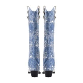 Hoge Laarzen Lichtblauwe Denim Sparkle Blok Hak Imitatieleer Knie Laarzen Mode 8 cm Highheel