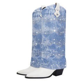 Hoge Laarzen Lichtblauwe Denim Sparkle Blok Hak Imitatieleer Knie Laarzen Mode 8 cm Highheel