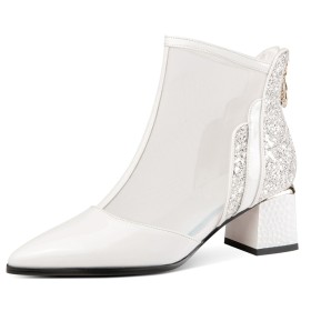 Sequin Sparkly Beautiful Low Heeled Leather Chunky White Sandal Boots Tulle Patent Leather Block Heels Ankle Boots Zipper