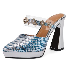 Tacchi Alto Tacchi Largo Vernice Scarpe Cerimonia Moda Pitonati Eleganti Sandali Donna Con Strass Luccicante Platino Sabot