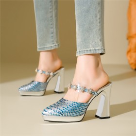 Talons Hauts Bride Cheville Chaussure De Soirée Sandale Moderne Mule Cuir Brillante Talon Carré Python Talon Epais