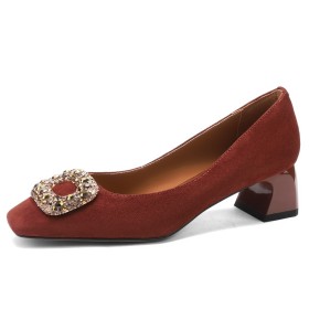 Dressy Shoes Burgundy Pumps Classic Elegant Low Heels Business Casual Chunky Heel Leather Block Heel Suede