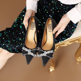 Business Casual Rhinestones Shoes 7 cm Mid Heel Leather Pumps Dressy Shoes Stiletto
