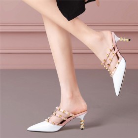 Going Out Shoes 6 cm Heeled Sandals For Women Stilettos Studded White Mules Evening Party Shoes Modern Designer Leather