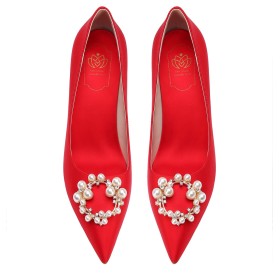 Eleganti Vintage Décolleté Tacco Alto 8 cm Scarpe Da Sera Punta Chiusa Tacchi Spillo Scarpe Estivi In Raso Scarpe Da Sposa Con Perle Scarpe Cerimonia