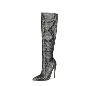Black Classic Snake Printed Tall Boot High Heels Knee High Boots Stilettos Going Out Footwear