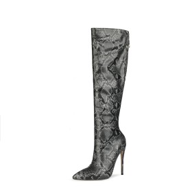 Bottes Haute Femme Simili Cuir Noir Imprimé Python Fourrées Talons Aiguilles 2022 Classique Talon 12 cm