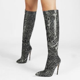 Bottes Haute Femme Simili Cuir Noir Imprimé Python Fourrées Talons Aiguilles 2022 Classique Talon 12 cm