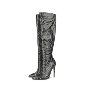 Bottes Haute Femme Simili Cuir Noir Imprimé Python Fourrées Talons Aiguilles 2022 Classique Talon 12 cm