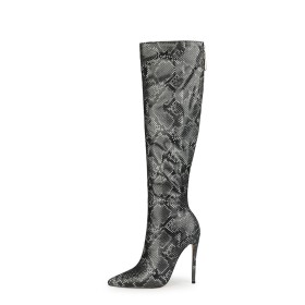 Bottes Haute Femme Simili Cuir Noir Imprimé Python Fourrées Talons Aiguilles 2022 Classique Talon 12 cm