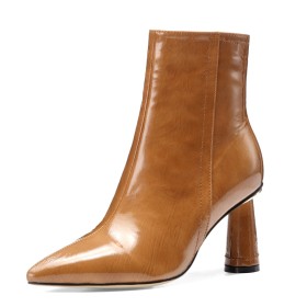 Elegant Pointed Toe Business Casual Fur Lined 3 inch High Heel Comfortable Chunky Heel Leather Ankle Boots Camel