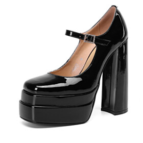 Lack Schwarze Buckle Leder Damenschuhe Pumps Blockabsatz Mit 15 cm High Heels