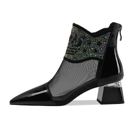 Elegant 6 cm Heel With Rhinestones Party Shoes Chunky Black Ankle Boots Leather Tulle Comfort Formal Dress Shoes Sandal Boots Block Heels