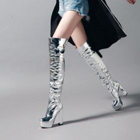 Kunstleder Metallic Rote Sohle Boots High Heel Overknees Blockabsatz Moderne