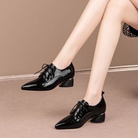 Leather Dress Shoes Stylish Block Heel 4 cm Low Heel Oxford Shoes Crocodile Print Womens Shoes Chunky Heel