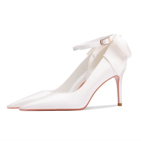 With Bowknot Pointed Toe Beautiful Satin Stilettos Pumps Ankle Strap High Heels White Bridals Wedding Shoes