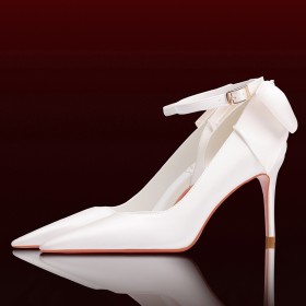 With Bowknot Pointed Toe Beautiful Satin Stilettos Pumps Ankle Strap High Heels White Bridals Wedding Shoes