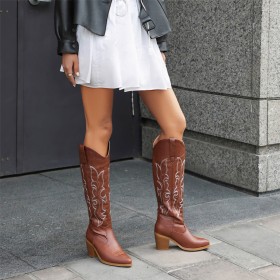 Block Heel Faux Leather Tall Boots Pointed Toe Knee High Boot For Women 7 cm Mid Heels Vintage Chunky Heel
