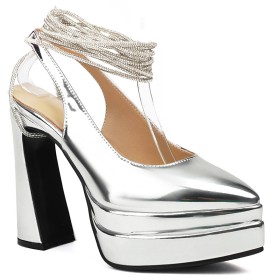 Dress Shoes Block Heel Rhinestones Pointed Toe Pumps Silver Ankle Tie 15 cm High Heels Chunky Patent Leather Office Shoes