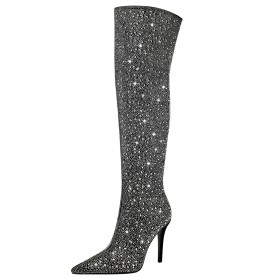 Stiletto Evening Shoes Thigh High Boot For Women Gorgeous Faux Leather Tall Boot Fashion Black 4 inch High Heel With Rhinestones